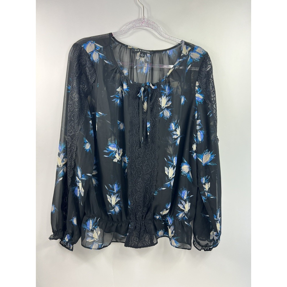 Zac & Rachel Tunic Top Women's Size L Black Floral Tie Neck Keyhole Sheer
